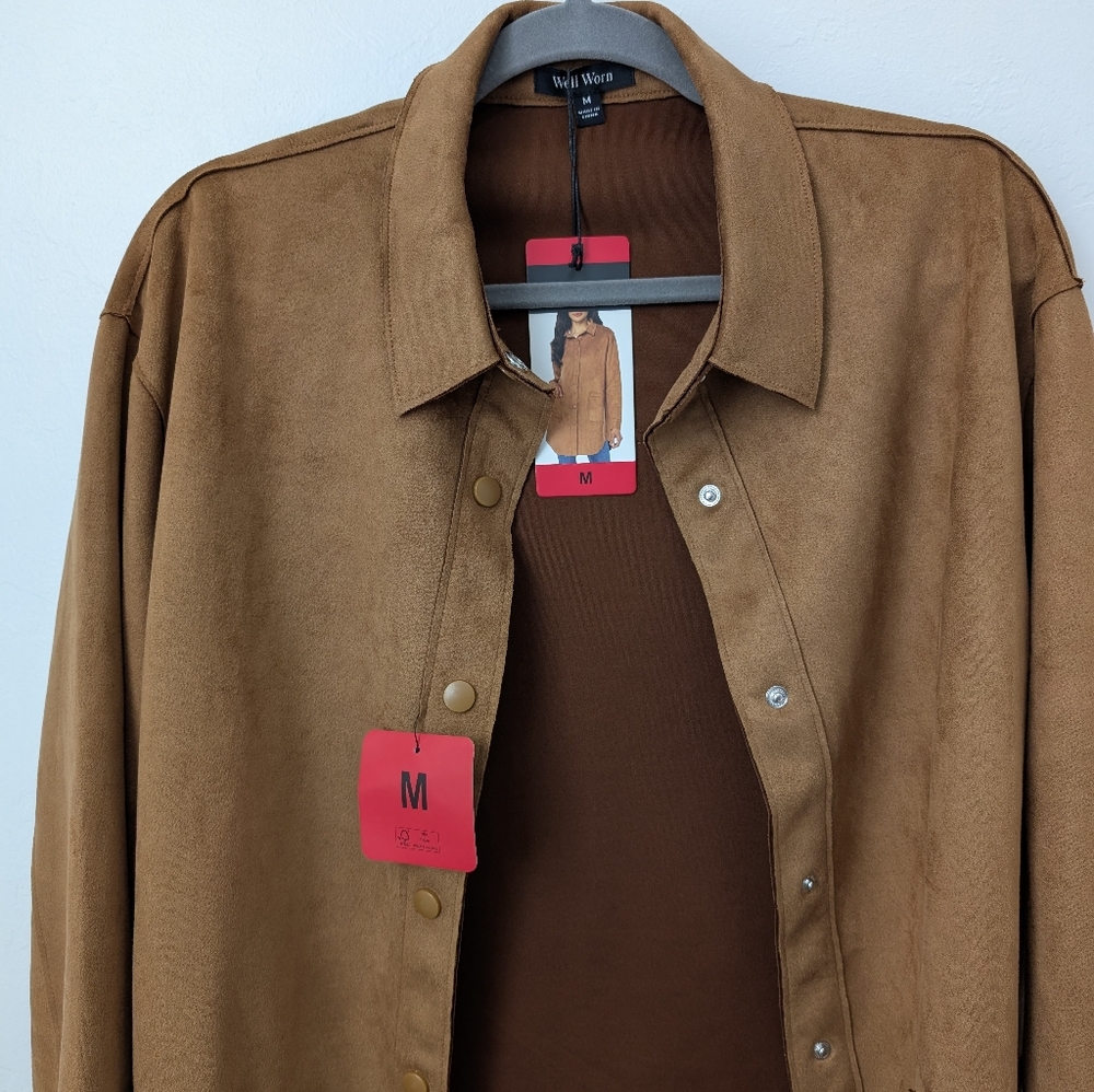 Well Worn Brown Faux Suede Button-Up  Jacket Size Medium - Picture 11 of 14